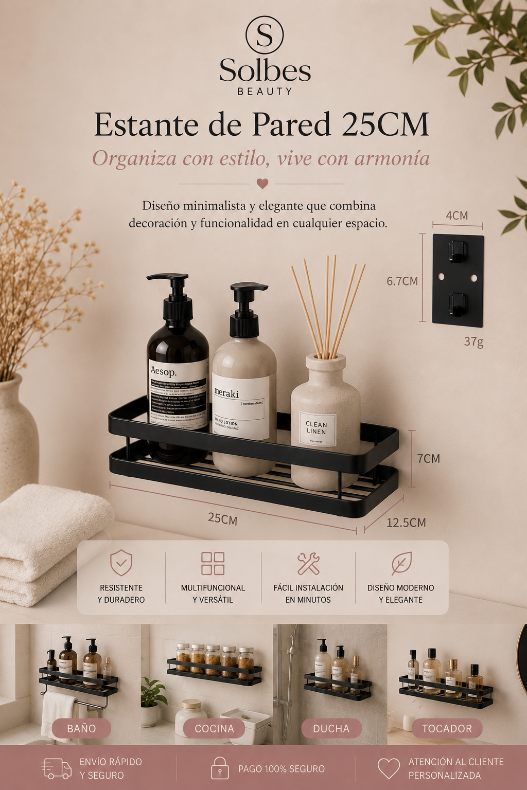 Estante de Pared para Baño 50 cm | Organizador de Ducha de Aluminio Negro Mate ✨