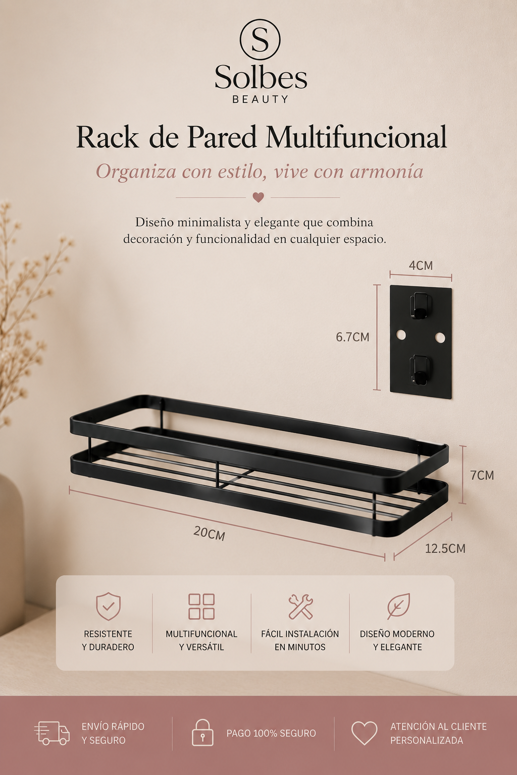 Estante de Pared para Baño 50 cm | Organizador de Ducha de Aluminio Negro Mate ✨