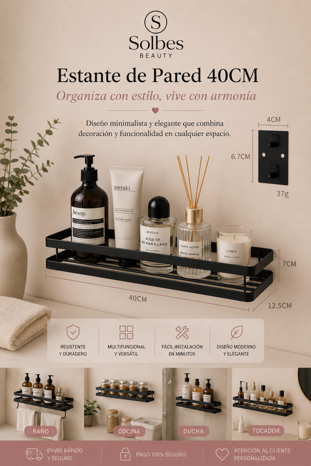Estante de Pared para Baño 50 cm | Organizador de Ducha de Aluminio Negro Mate ✨