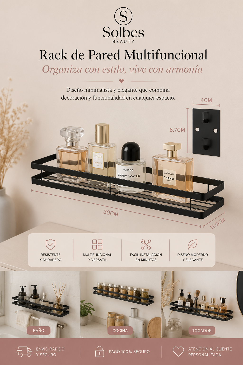 Estante de Pared para Baño 50 cm | Organizador de Ducha de Aluminio Negro Mate ✨
