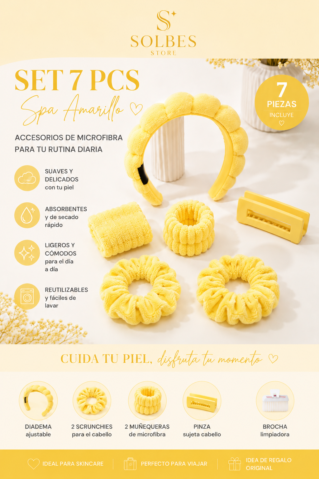 Set Spa de Microfibra 7 Piezas para Skincare | Diadema, Muñequeras, Scrunchies, Pinzas y Cepillo Limpiador | Rosa, Lila, Amarillo, Turquesa, Gris y Negro