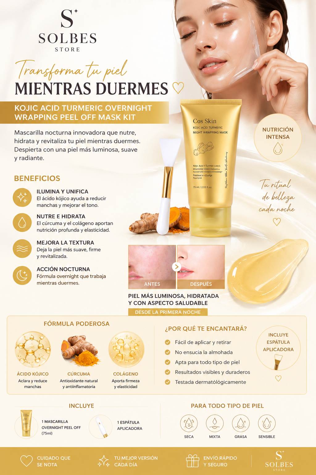Mascarilla Facial Nocturna Peel-Off con Ácido Kójico, Cúrcuma y Colágeno | Hidratación, Luminosidad y Piel Radiante | 75 ml