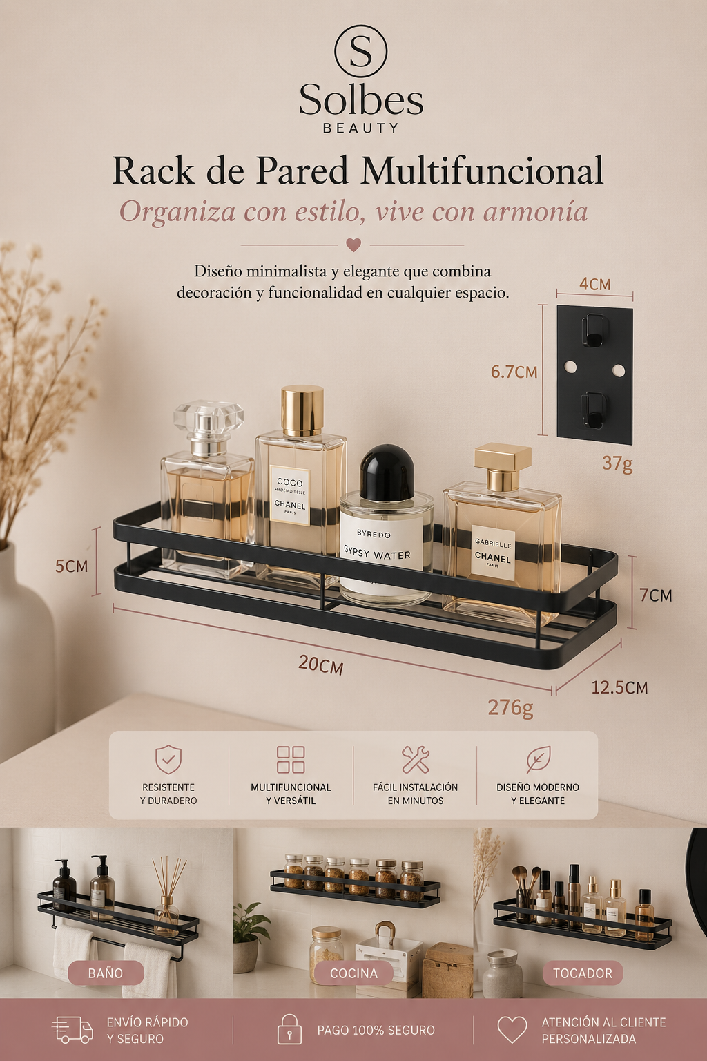 Estante de Pared para Baño 50 cm | Organizador de Ducha de Aluminio Negro Mate ✨
