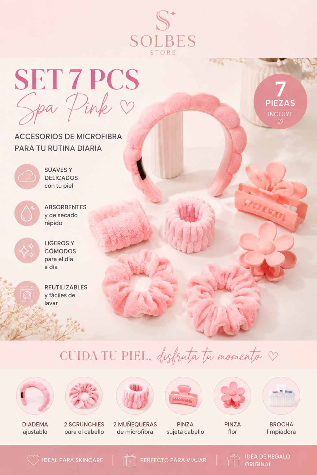 Set Spa de Microfibra 7 Piezas para Skincare | Diadema, Muñequeras, Scrunchies, Pinzas y Cepillo Limpiador | Rosa, Lila, Amarillo, Turquesa, Gris y Negro