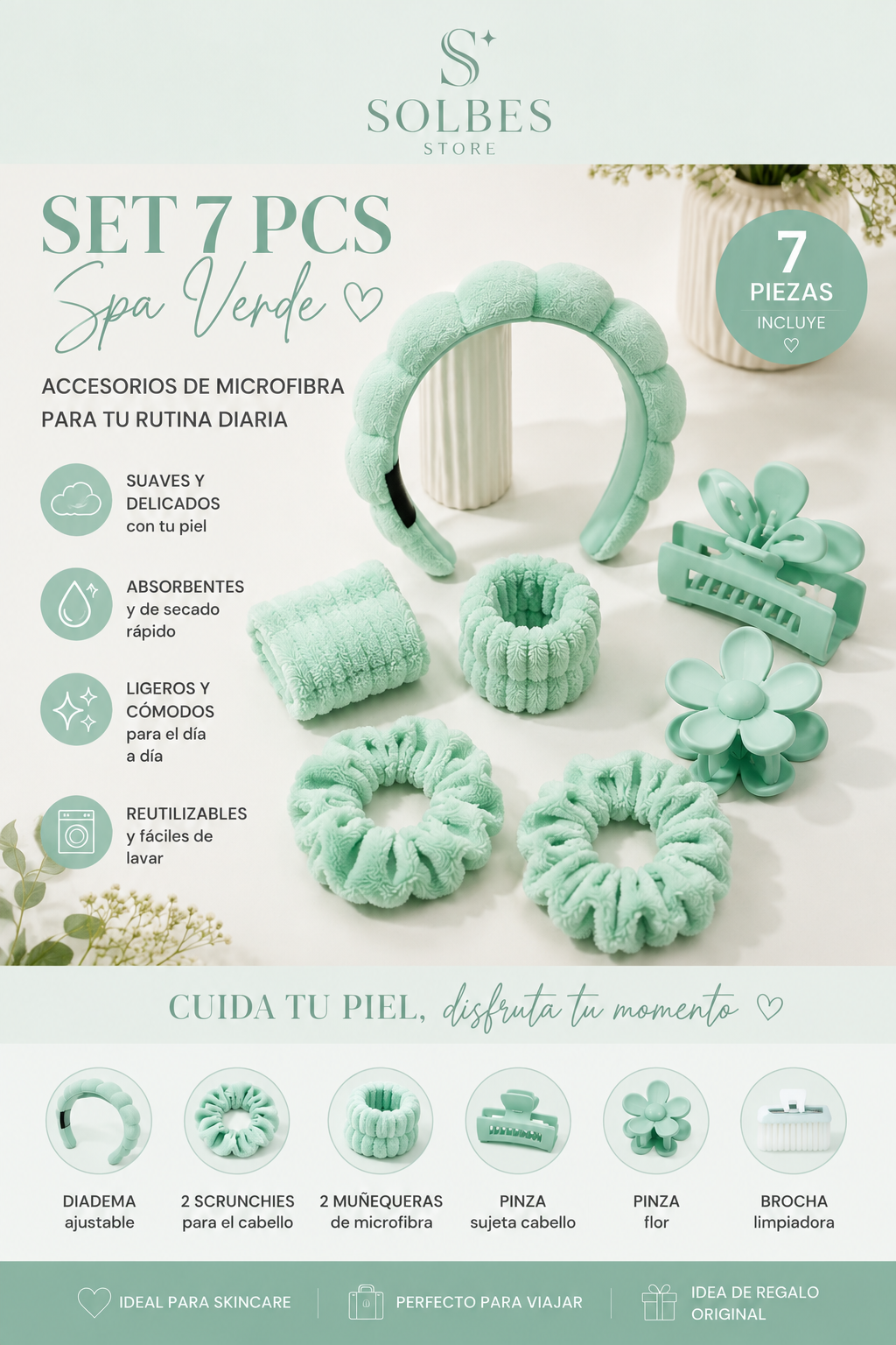 Set Spa de Microfibra 7 Piezas para Skincare | Diadema, Muñequeras, Scrunchies, Pinzas y Cepillo Limpiador | Rosa, Lila, Amarillo, Turquesa, Gris y Negro