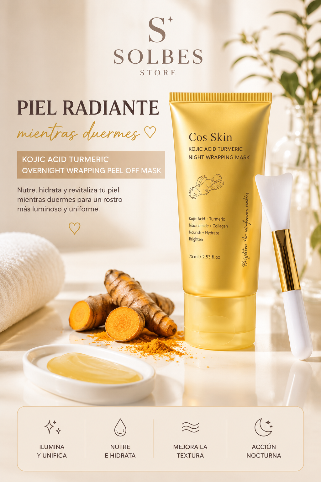 Mascarilla Facial Nocturna Peel-Off con Ácido Kójico, Cúrcuma y Colágeno | Hidratación, Luminosidad y Piel Radiante | 75 ml