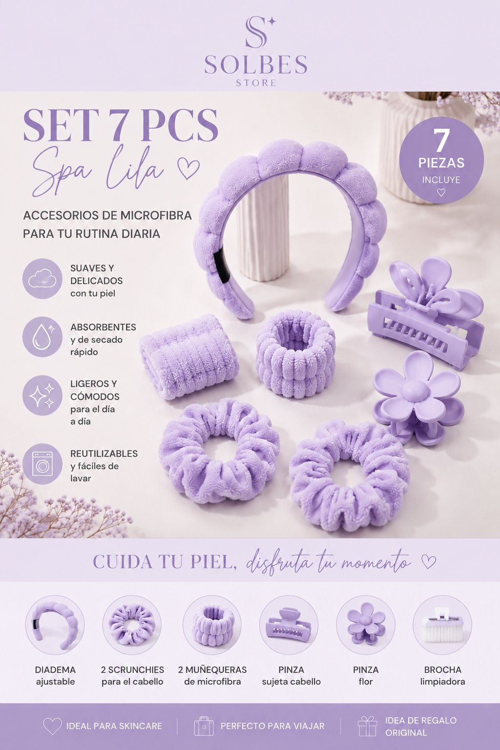 Set Spa de Microfibra 7 Piezas para Skincare | Diadema, Muñequeras, Scrunchies, Pinzas y Cepillo Limpiador | Rosa, Lila, Amarillo, Turquesa, Gris y Negro