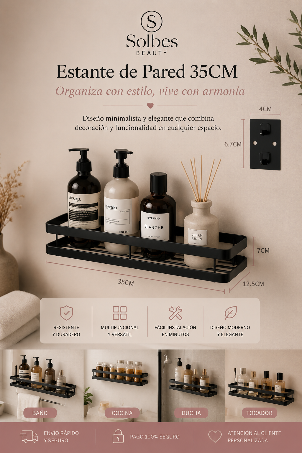 Estante de Pared para Baño 50 cm | Organizador de Ducha de Aluminio Negro Mate ✨