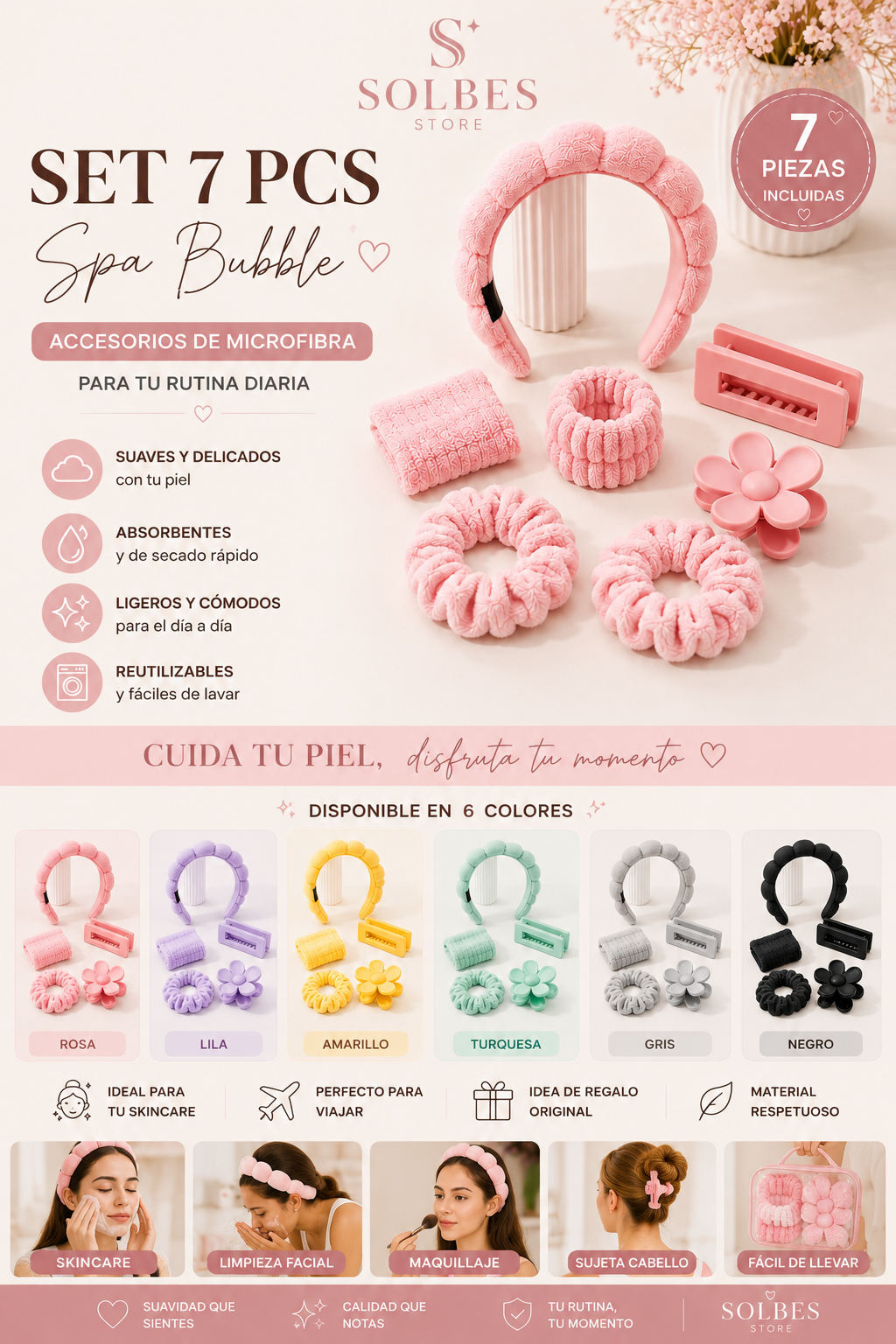 Set Spa de Microfibra 7 Piezas para Skincare | Diadema, Muñequeras, Scrunchies, Pinzas y Cepillo Limpiador | Rosa, Lila, Amarillo, Turquesa, Gris y Negro