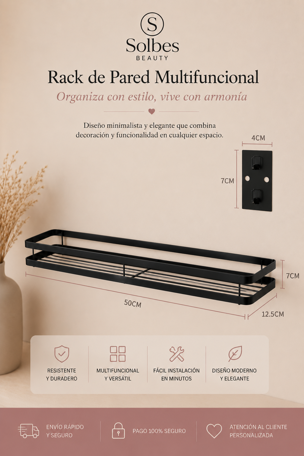 Estante de Pared para Baño 50 cm | Organizador de Ducha de Aluminio Negro Mate ✨