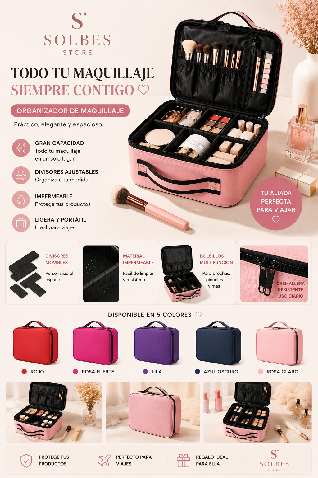 Organizador de Maquillaje Profesional con Divisores Ajustables | Estuche de Viaje Impermeable | Gran Capacidad | Disponible en 5 Colores