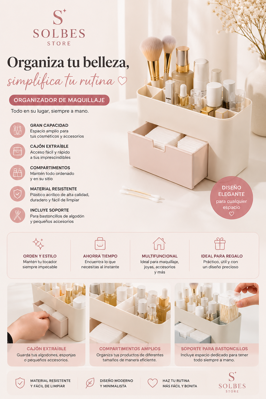 Organizador de Maquillaje con Cajón y Compartimentos | Porta Cosméticos Multifuncional para Brochas, Labiales y Accesorios