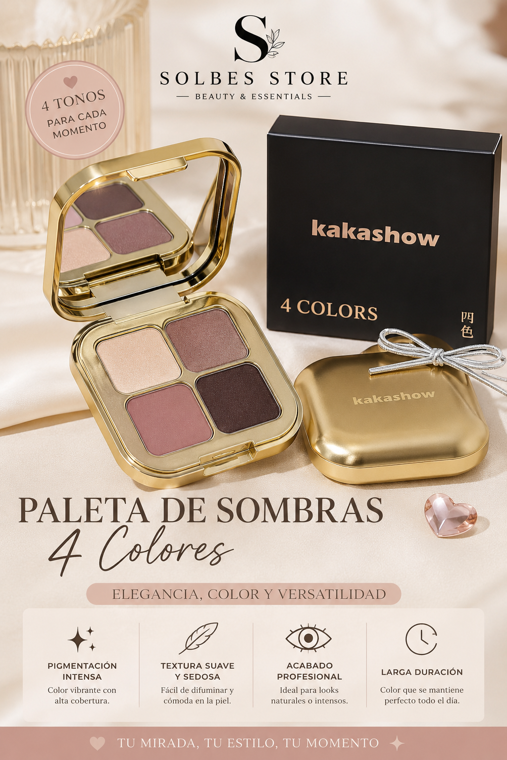Paleta de Sombras 4 Colores – Alta Pigmentación y Larga Duración