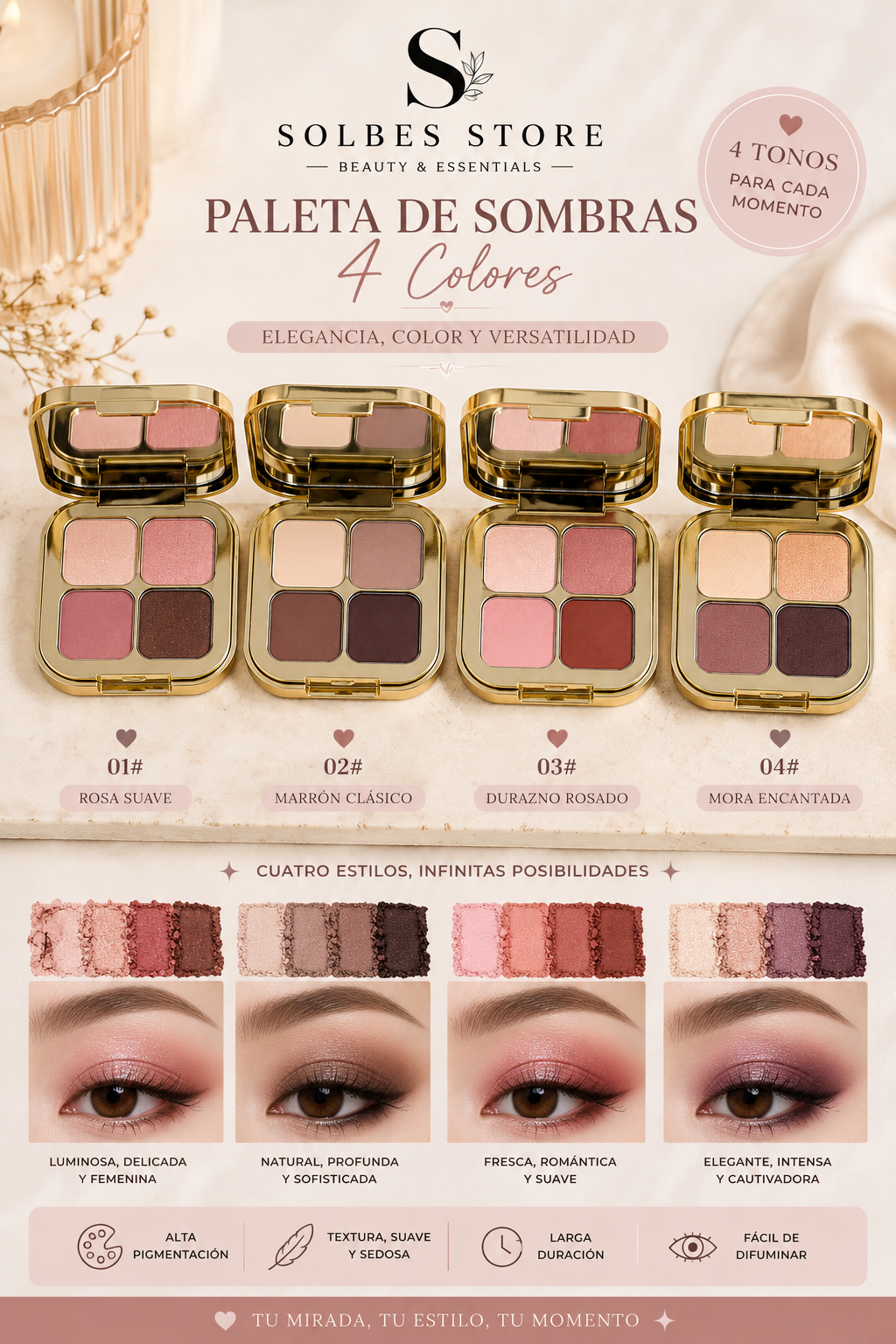 Paleta de Sombras 4 Colores – Alta Pigmentación y Larga Duración
