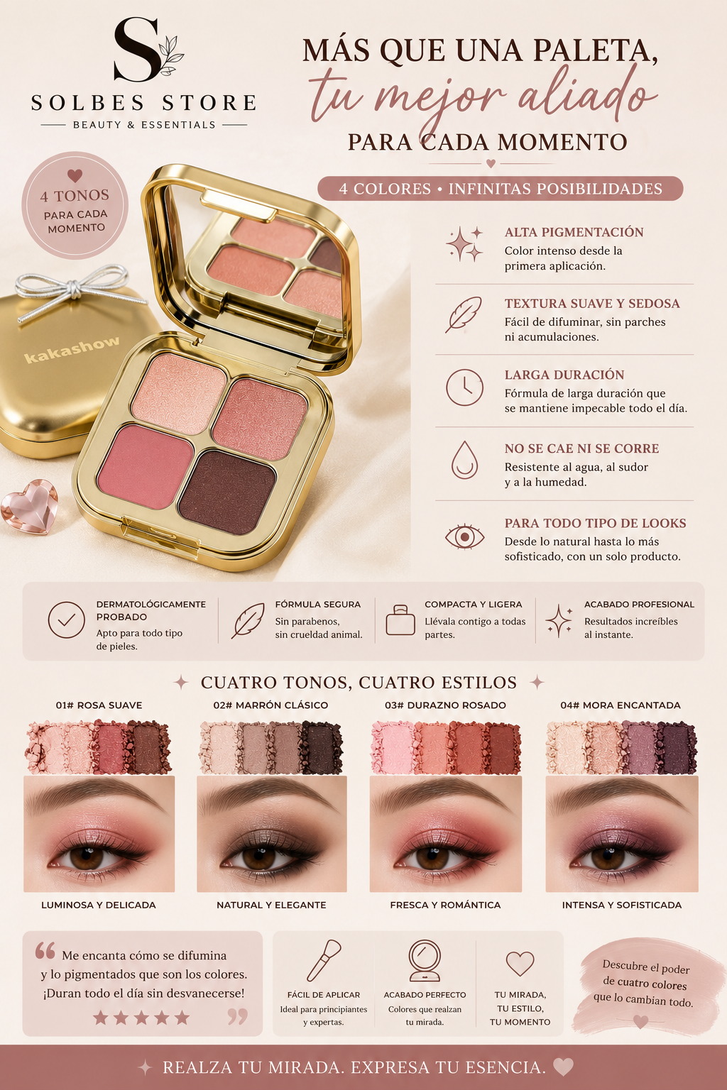 Paleta de Sombras 4 Colores – Alta Pigmentación y Larga Duración
