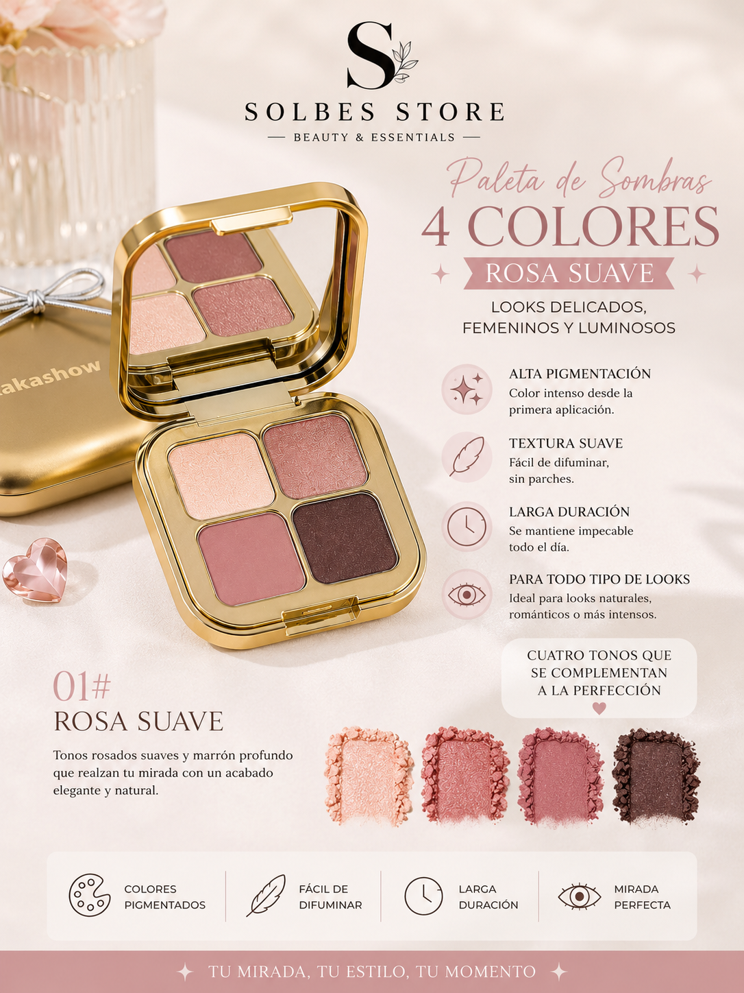 Paleta de Sombras 4 Colores – Alta Pigmentación y Larga Duración