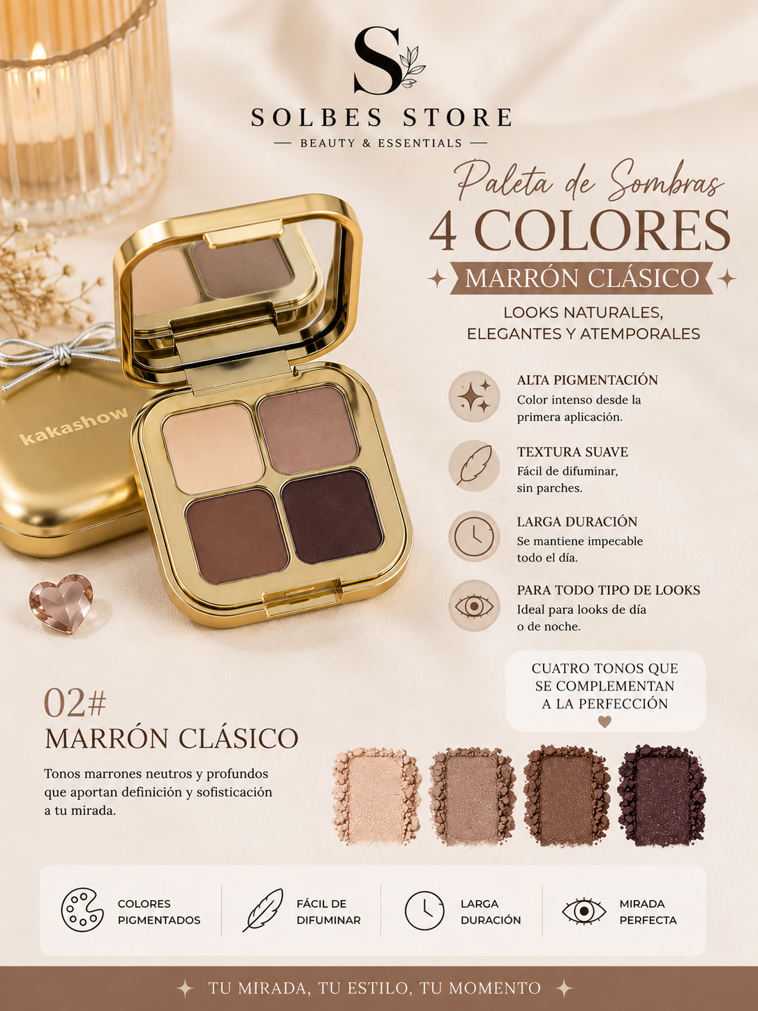 Paleta de Sombras 4 Colores – Alta Pigmentación y Larga Duración