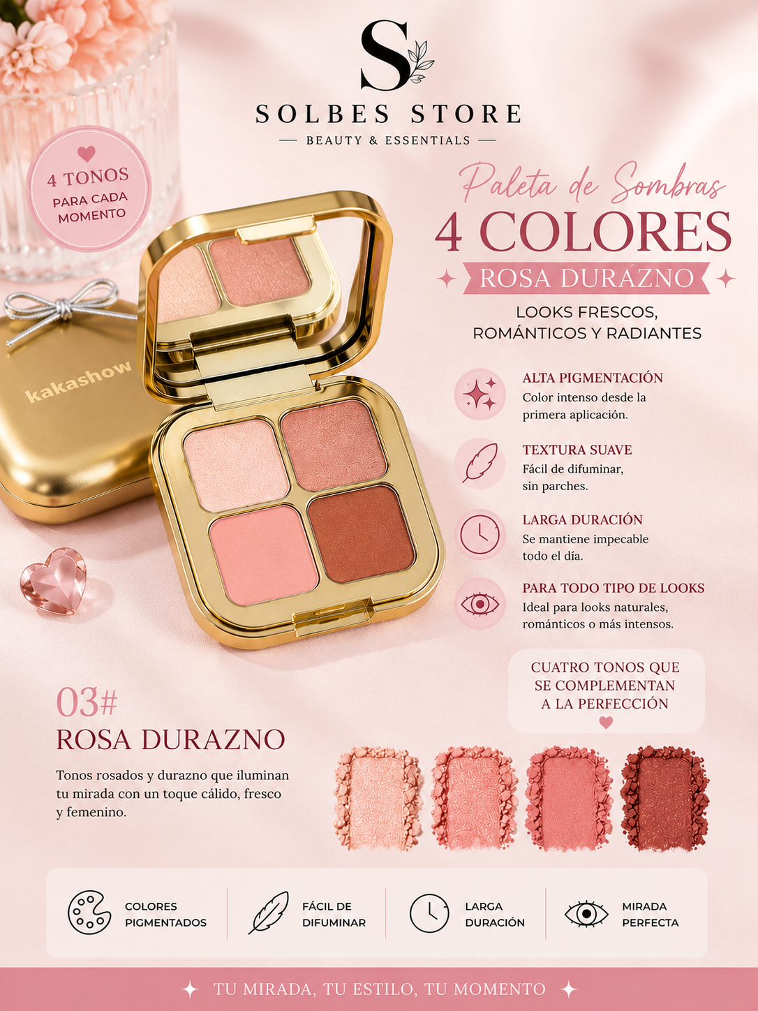 Paleta de Sombras 4 Colores – Alta Pigmentación y Larga Duración