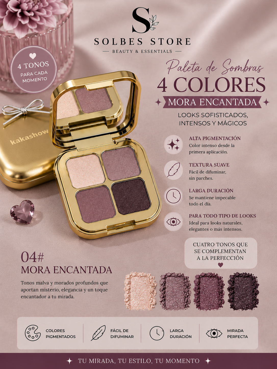 Paleta de Sombras 4 Colores – Alta Pigmentación y Larga Duración