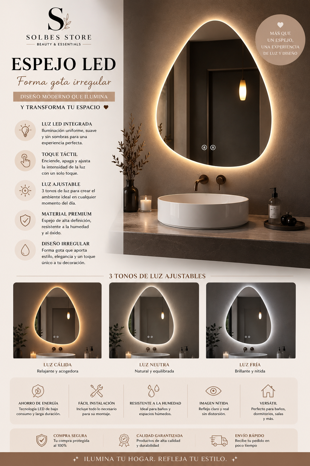 Espejo LED Inteligente Forma Gota – Luz Regulable y Diseño Moderno