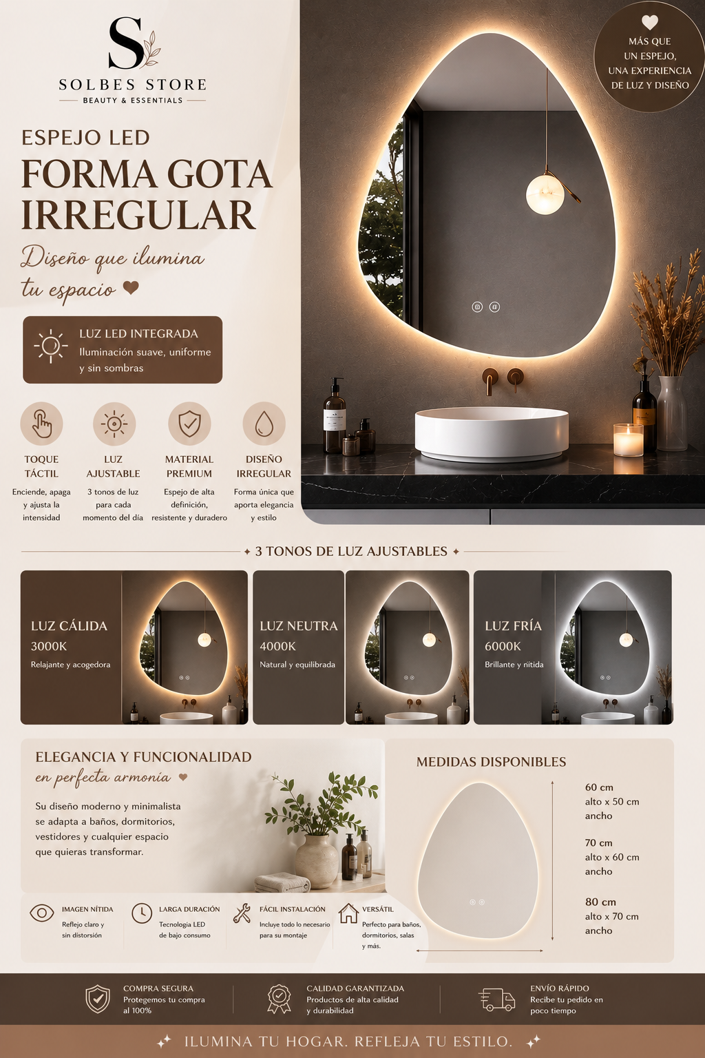 Espejo LED Inteligente Forma Gota – Luz Regulable y Diseño Moderno