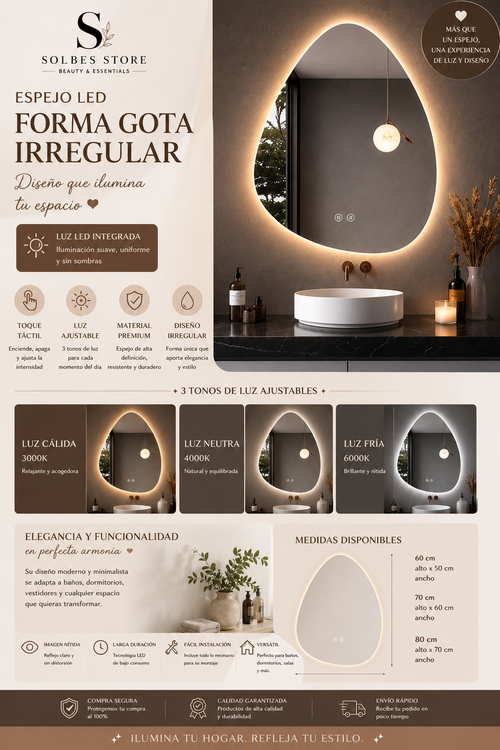 Espejo LED Inteligente Forma Gota – Luz Regulable y Diseño Moderno
