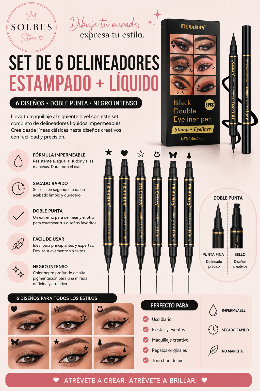 Set de 6 Delineadores Doble Punta con Sellos