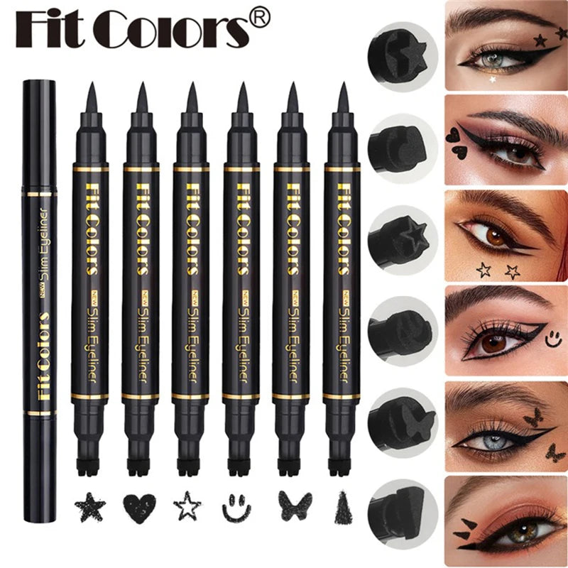 6PCS Stamp Liquid Eyeliner Set Waterproof Fast Dry Double-ended Black Heart Star Seal Eye Tail Eye Liner Extension Makeup Kit