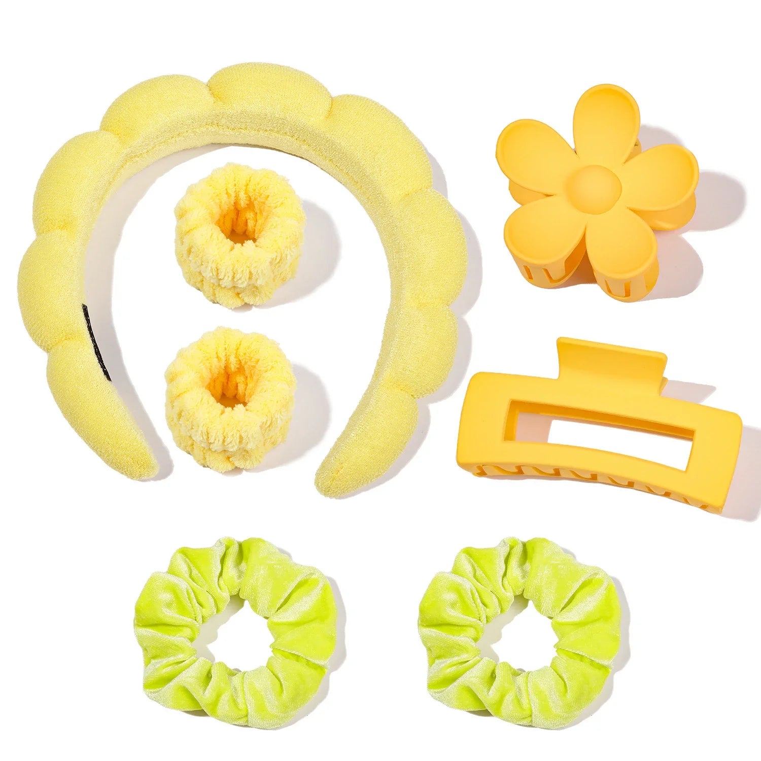 Set Spa de Microfibra 7 Piezas para Skincare | Diadema, Muñequeras, Scrunchies, Pinzas y Cepillo Limpiador | Rosa, Lila, Amarillo, Turquesa, Gris y Negro