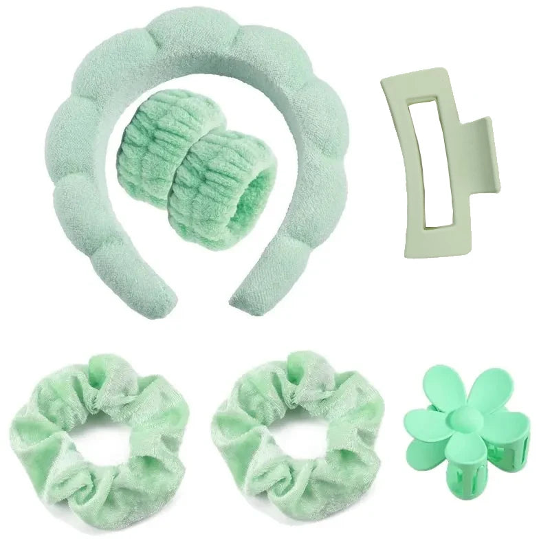 Set Spa de Microfibra 7 Piezas para Skincare | Diadema, Muñequeras, Scrunchies, Pinzas y Cepillo Limpiador | Rosa, Lila, Amarillo, Turquesa, Gris y Negro