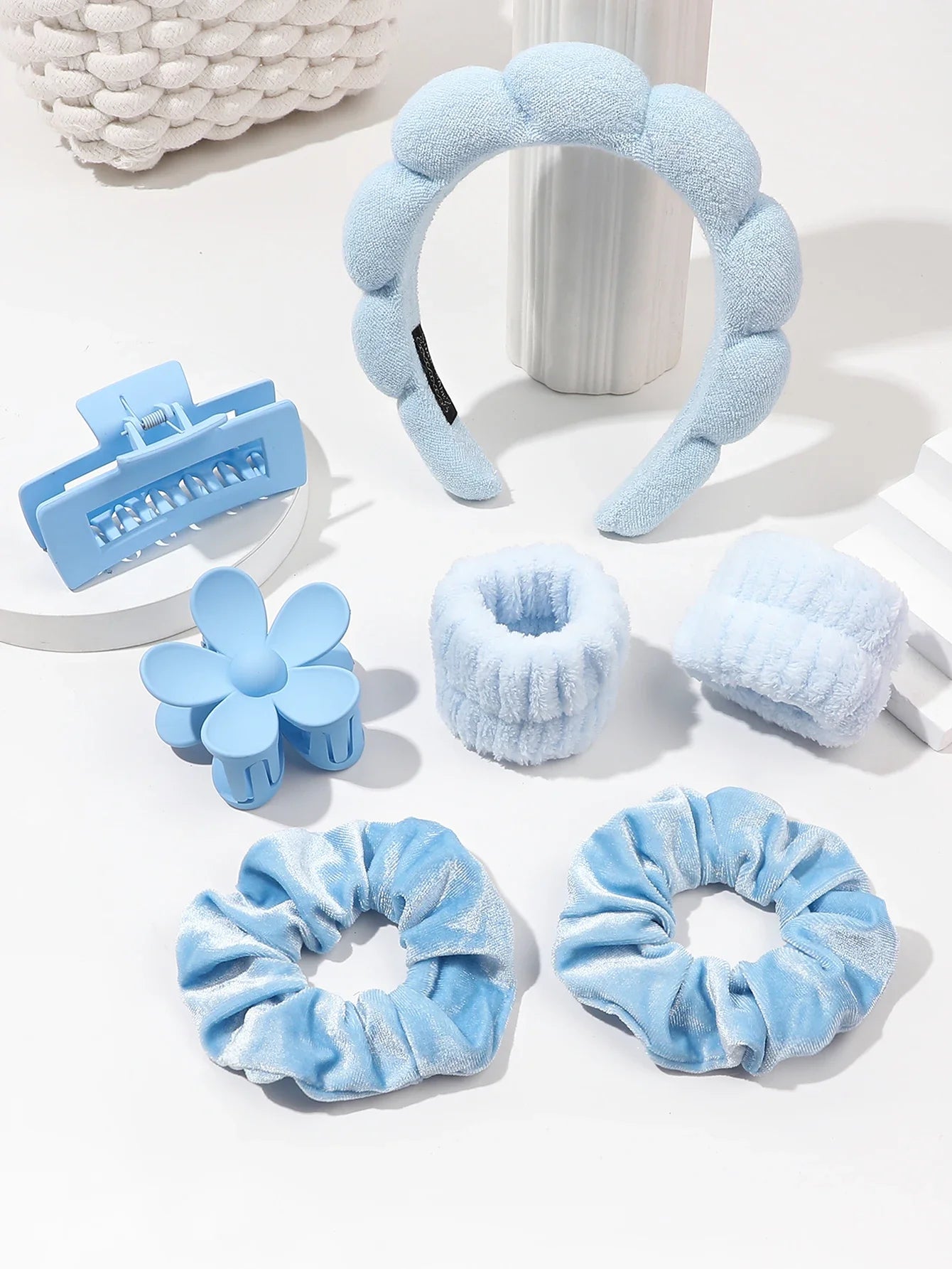 Set Spa de Microfibra 7 Piezas para Skincare | Diadema, Muñequeras, Scrunchies, Pinzas y Cepillo Limpiador | Rosa, Lila, Amarillo, Turquesa, Gris y Negro