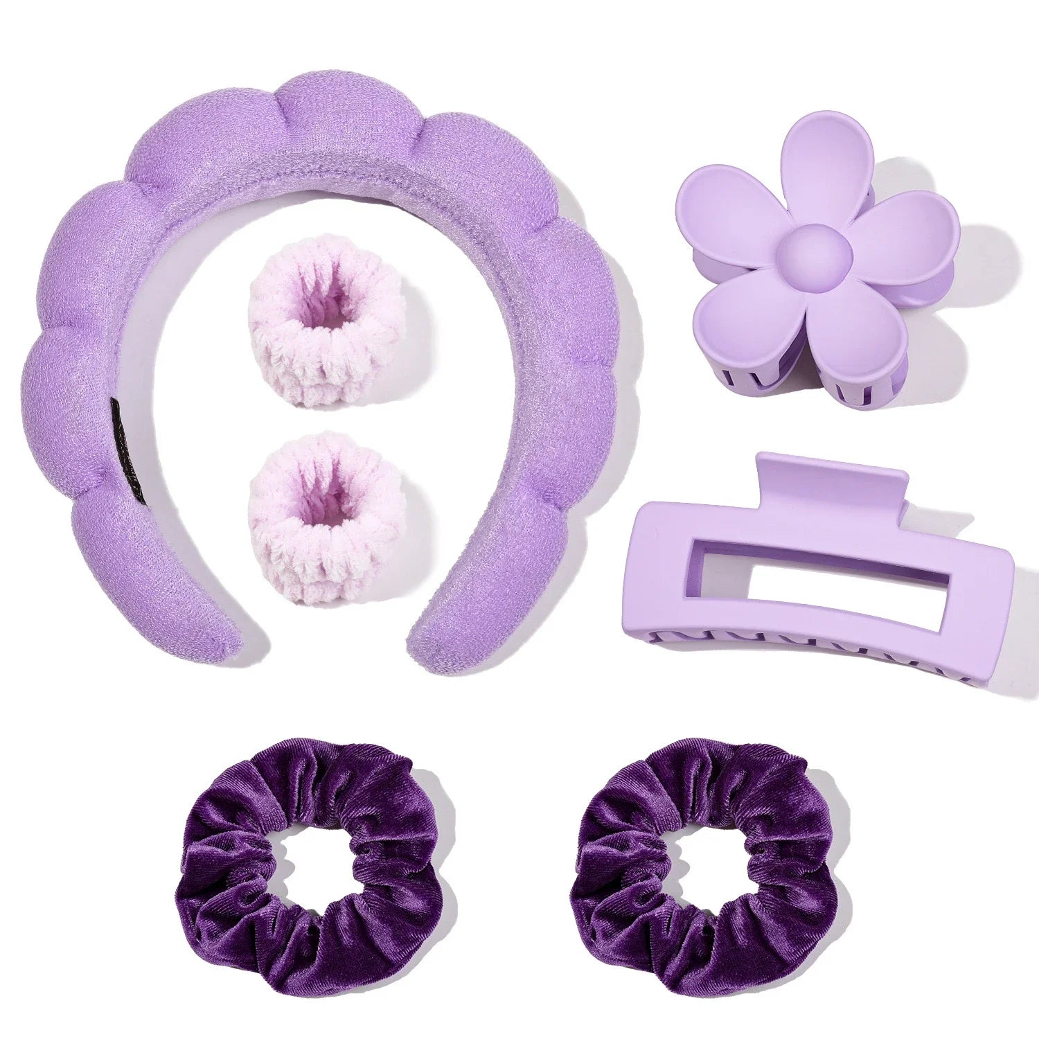 Set Spa de Microfibra 7 Piezas para Skincare | Diadema, Muñequeras, Scrunchies, Pinzas y Cepillo Limpiador | Rosa, Lila, Amarillo, Turquesa, Gris y Negro