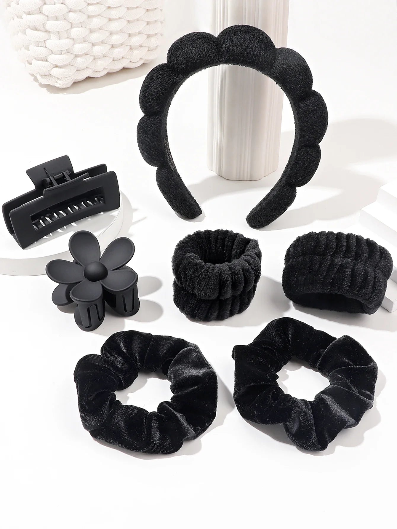 Set Spa de Microfibra 7 Piezas para Skincare | Diadema, Muñequeras, Scrunchies, Pinzas y Cepillo Limpiador | Rosa, Lila, Amarillo, Turquesa, Gris y Negro