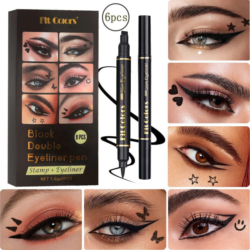 6PCS Stamp Liquid Eyeliner Set Waterproof Fast Dry Double-ended Black Heart Star Seal Eye Tail Eye Liner Extension Makeup Kit