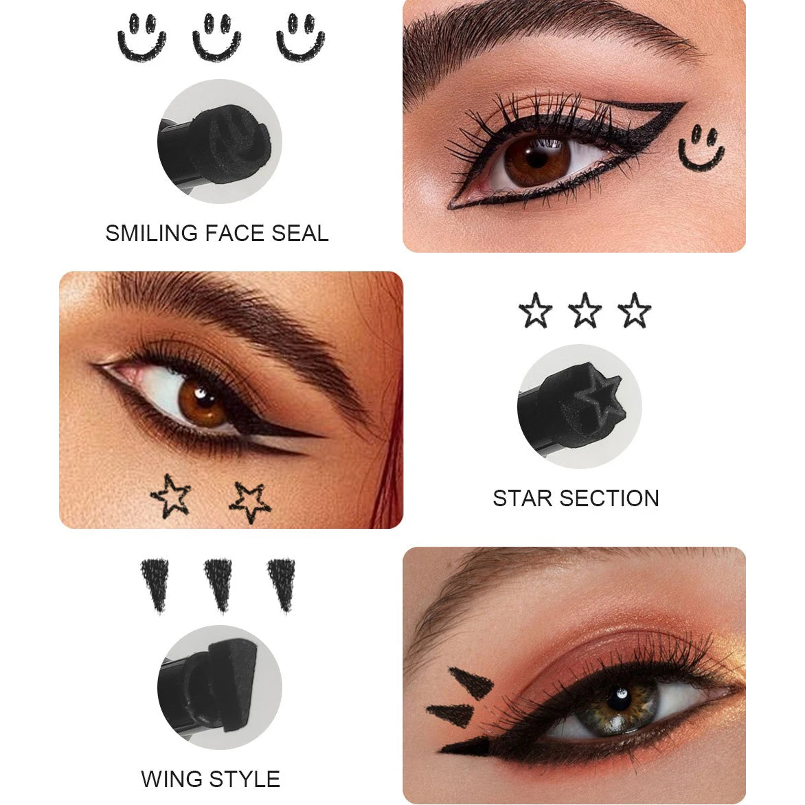 6PCS Stamp Liquid Eyeliner Set Waterproof Fast Dry Double-ended Black Heart Star Seal Eye Tail Eye Liner Extension Makeup Kit