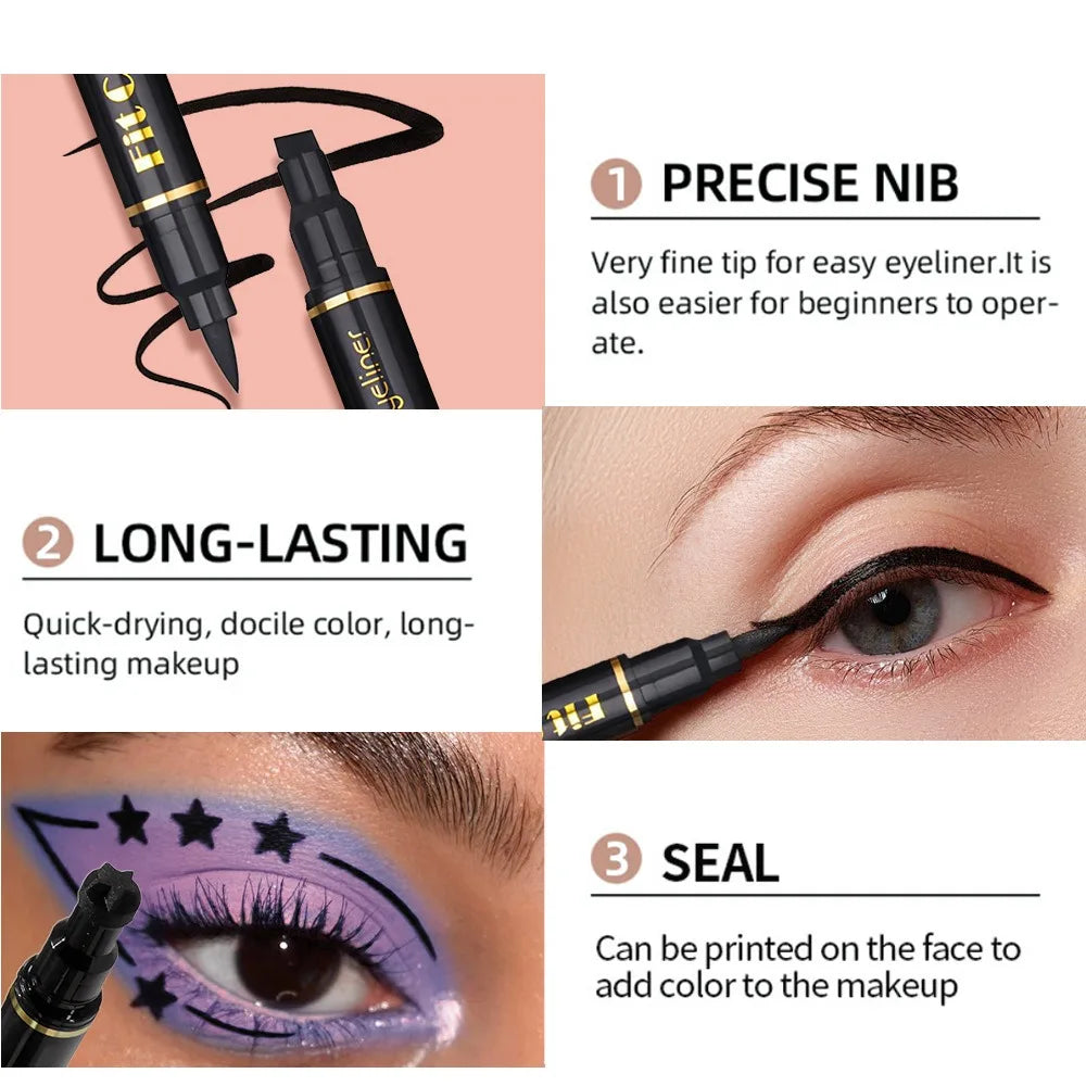 6PCS Stamp Liquid Eyeliner Set Waterproof Fast Dry Double-ended Black Heart Star Seal Eye Tail Eye Liner Extension Makeup Kit