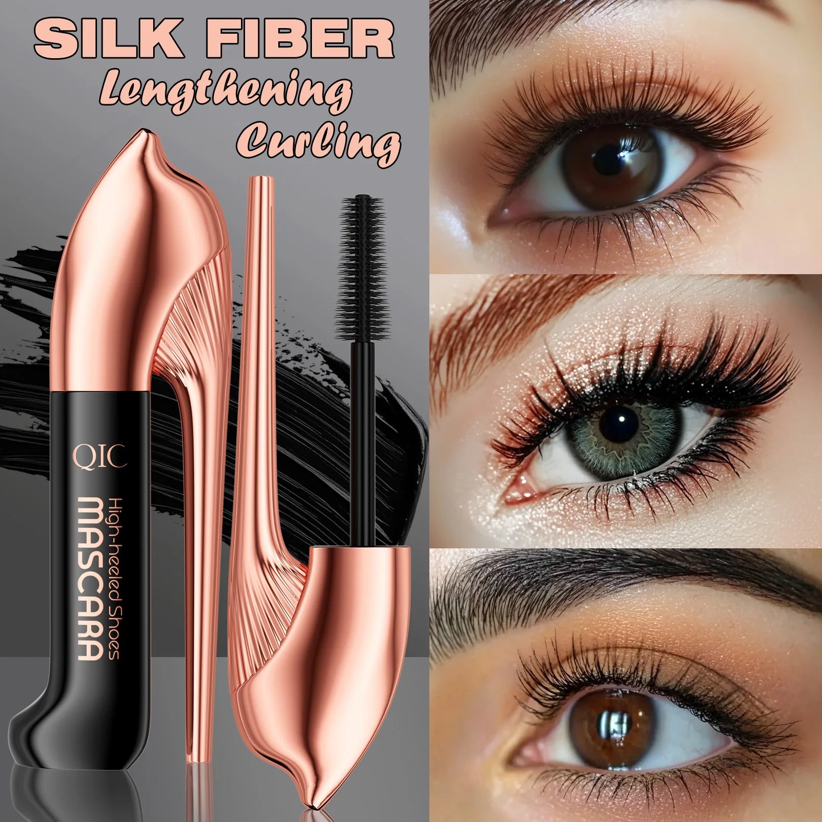 QIC High-heeled Shoes Mascara 3D Fiber Mascara, Long Black Volumizing Eyelash Extension, Waterproof Eye Makeup Tool