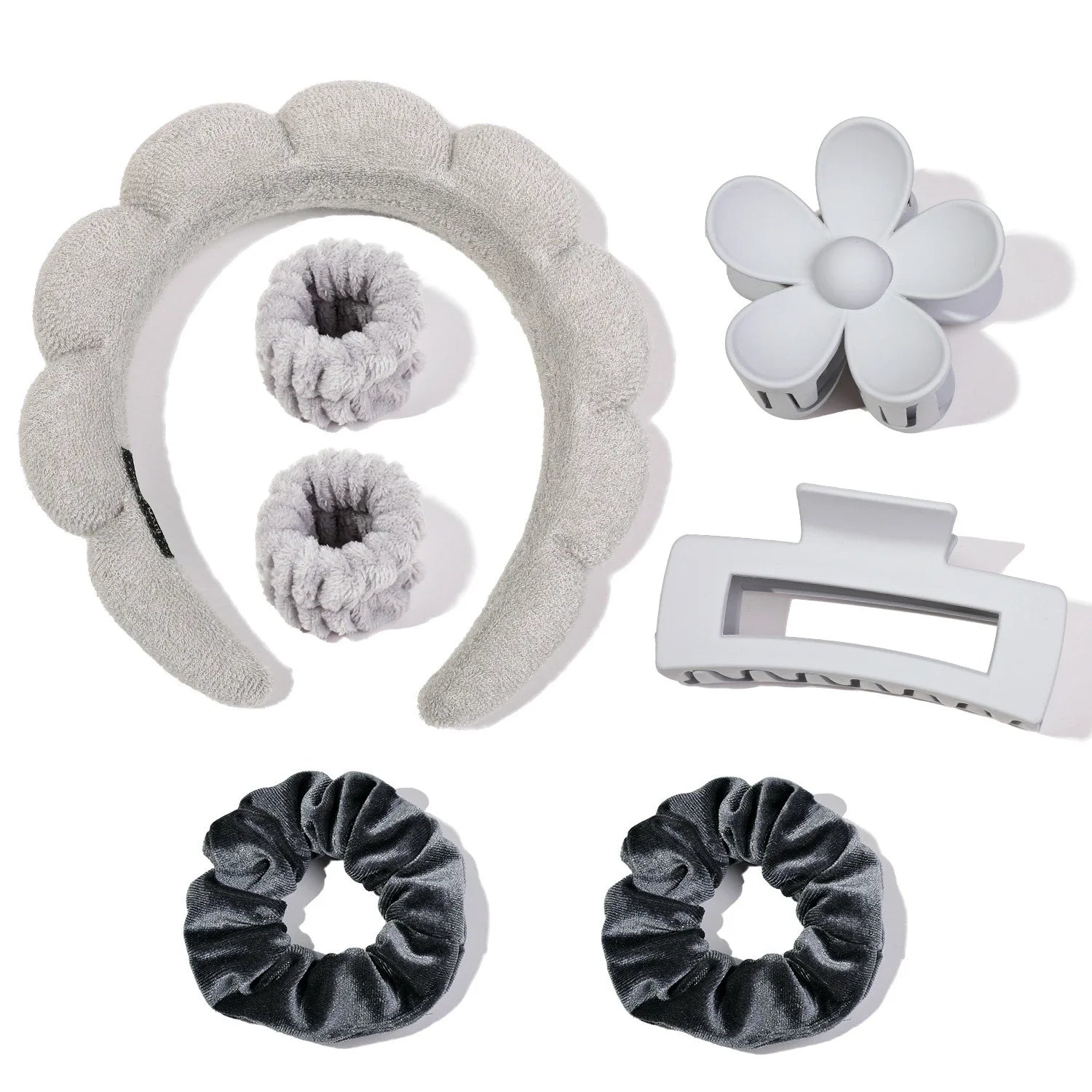 Set Spa de Microfibra 7 Piezas para Skincare | Diadema, Muñequeras, Scrunchies, Pinzas y Cepillo Limpiador | Rosa, Lila, Amarillo, Turquesa, Gris y Negro