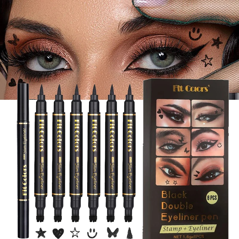6PCS Stamp Liquid Eyeliner Set Waterproof Fast Dry Double-ended Black Heart Star Seal Eye Tail Eye Liner Extension Makeup Kit