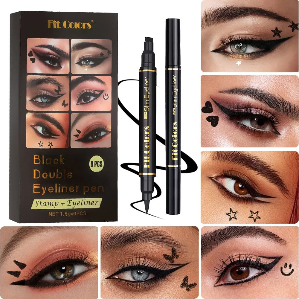 6PCS Stamp Liquid Eyeliner Set Waterproof Fast Dry Double-ended Black Heart Star Seal Eye Tail Eye Liner Extension Makeup Kit